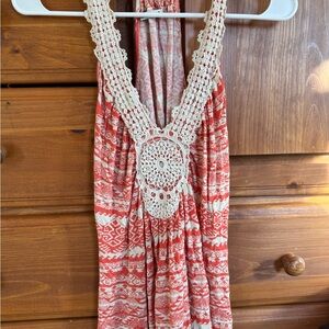 Red and White Patterned top with Crochet Detail